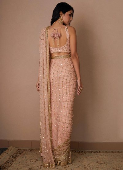 
                            Hand Embroidered Net Saree in Pink
