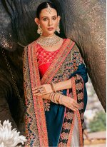 Adorable Embroidered Beige and Teal Fancy Fabric Half N Half  Saree