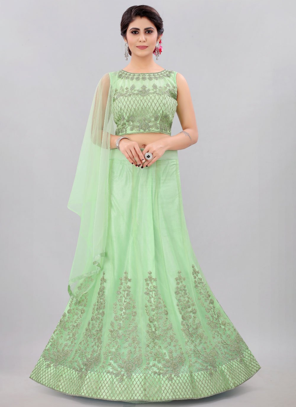 alluring net mehndi lehenga choli 246455