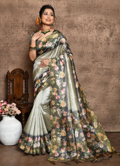 Amazing Floral Print Silk Grey Silk Saree