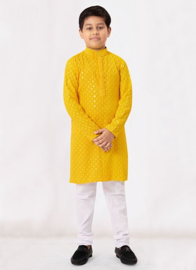 Amusing Chikankari Work Work Yellow Rayon Kurta Pyjama