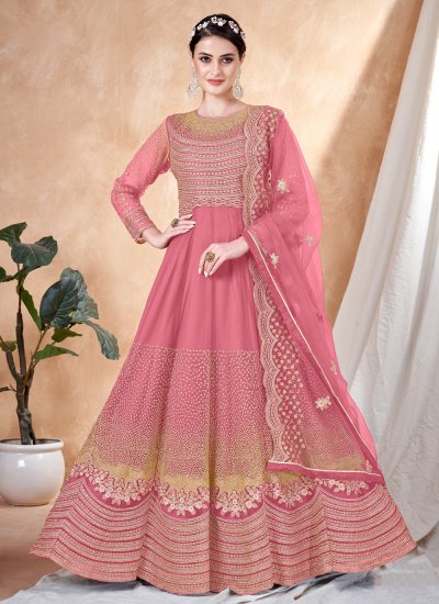 Anarkali Salwar Suit Resham Net in Pink