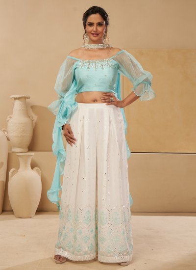 Aqua Blue and White Embroidered Organza Trendy Salwar Suit