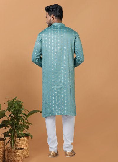 Aqua Blue Embroidered Silk Kurta Pyjama