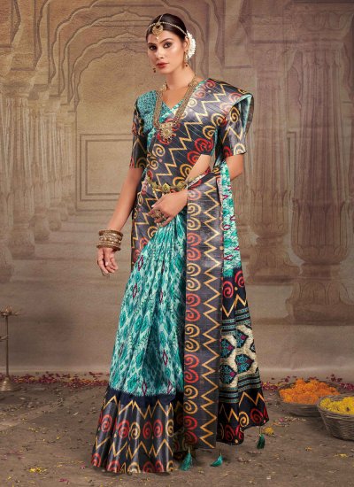 Aqua Blue Print Tussar Silk Traditional Saree