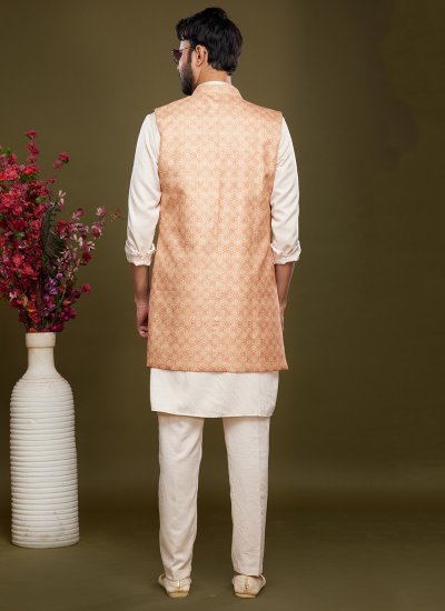 Art Banarasi Silk Cream and Peach Digital Print Kurta Payjama With Jacket