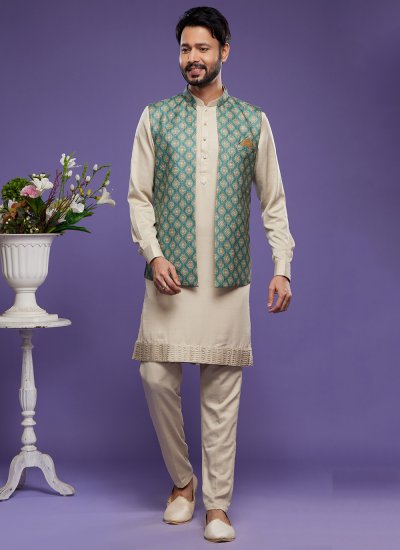 Art Banarasi Silk Digital Print Kurta Payjama With Jacket in Green