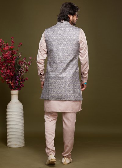 Art Banarasi Silk Digital Print Kurta Payjama With Jacket in Grey and Pink