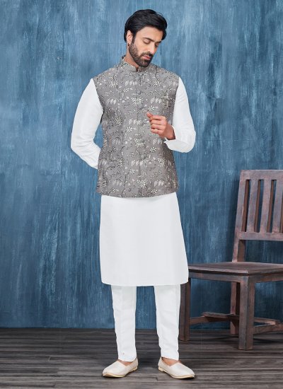 Art Banarasi Silk Grey and White Embroidered Kurta Payjama With Jacket