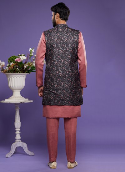 Art Banarasi Silk Kurta Payjama With Jacket in Black and Rose Pink