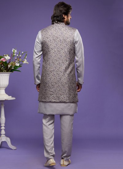 Art Banarasi Silk Kurta Payjama With Jacket in Grey