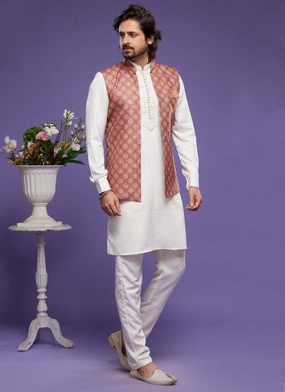 Art Banarasi Silk Off White and Rust Kurta Payjama With Jacket