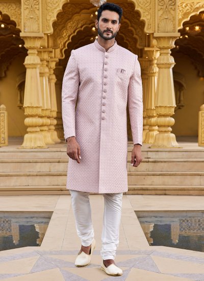Art Silk Mauve  Machine Embroidery  Sherwani