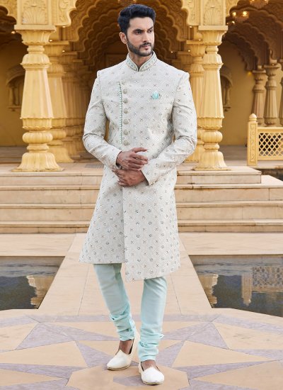 Art Silk Sherwani in Green