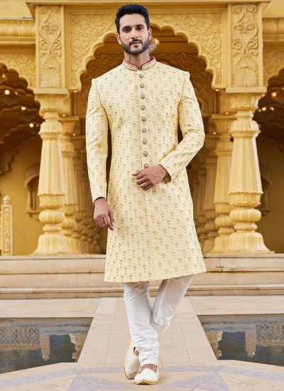 Art Silk Sherwani in Yellow
