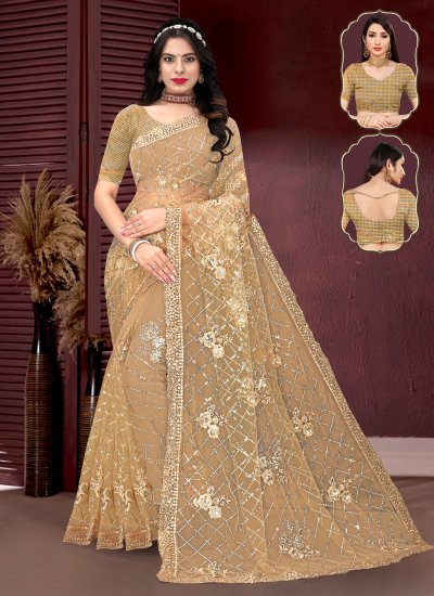 Awesome Net Brown Embroidered Contemporary Saree