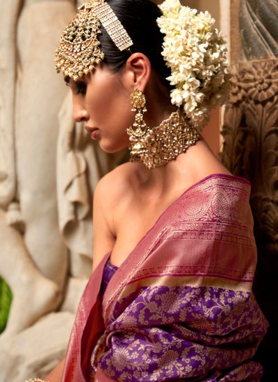 Banarasi Silk Weaving Pink and Purple Classic Saree