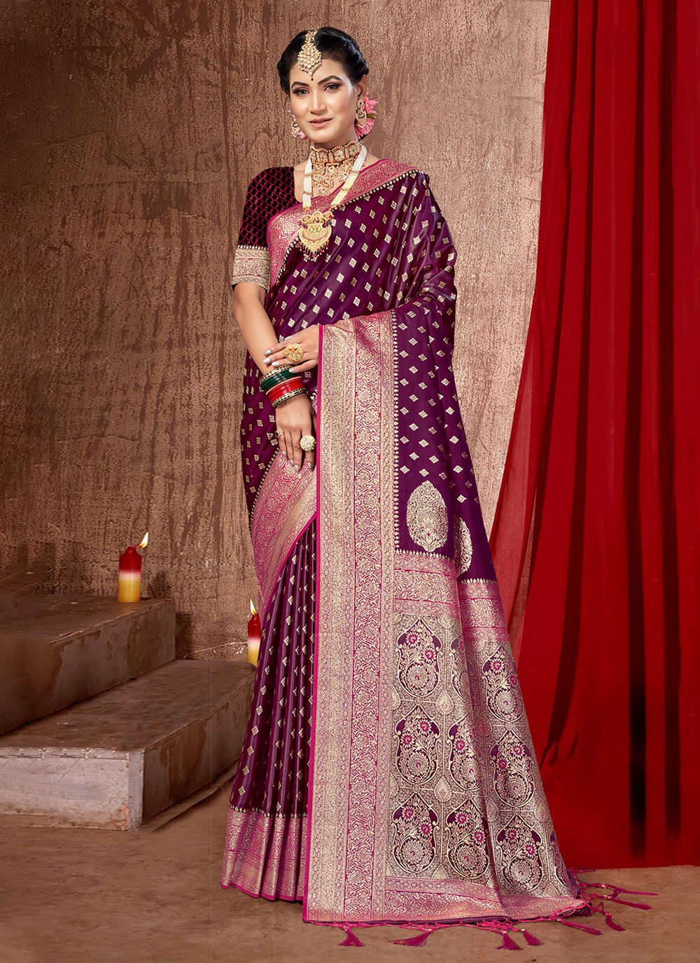 Weaving Banarasi silk Wine Banarasi Saree with Blouse - SR23831