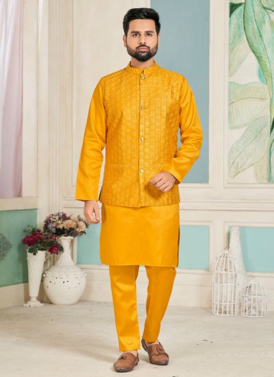 Banglori Silk Sequins Kurta Payjama With Jacket in Mustard