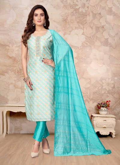 Baronial Aqua Blue Printed Silk Trendy Salwar Suit