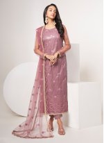 Beauteous Net Embroidered Pink Pant Style Suit