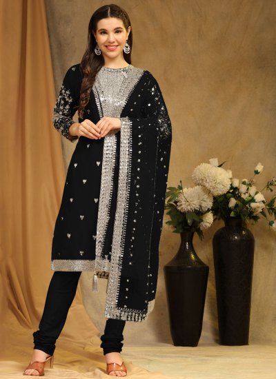 Beautiful Faux Georgette Embroidered Black Churidar Salwar Suit