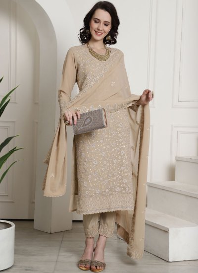 Beige Embroidered Georgette Trendy Salwar Suit