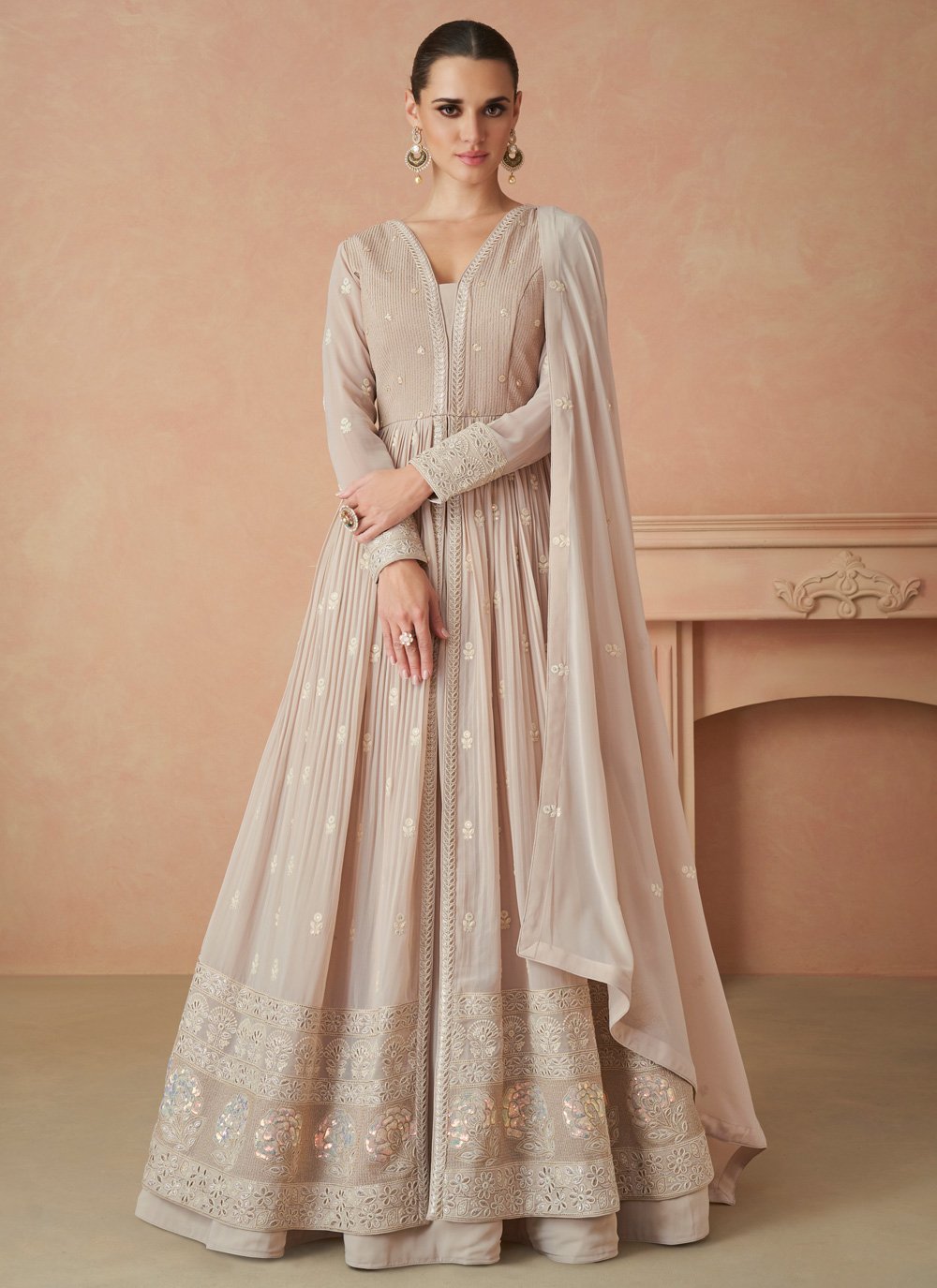 Beige Georgette Ceremonial Designer Gown