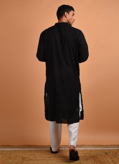 Black Blended Cotton Kurta Pyjama