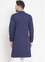 Blended Cotton Embroidered Kurta in Navy Blue