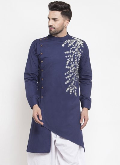 Blended Cotton Embroidered Kurta in Navy Blue
