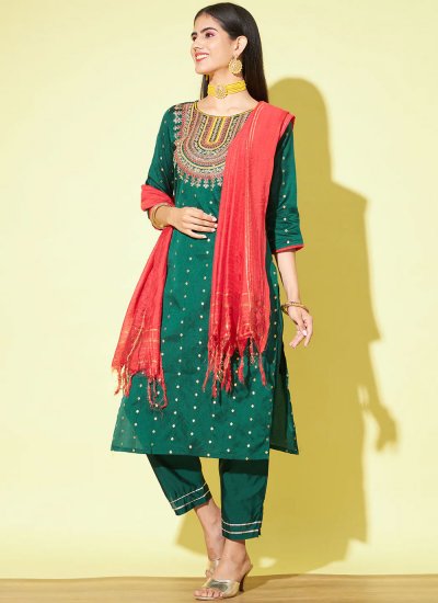 Blissful Embroidered Green Silk Blend Readymade Salwar Kameez