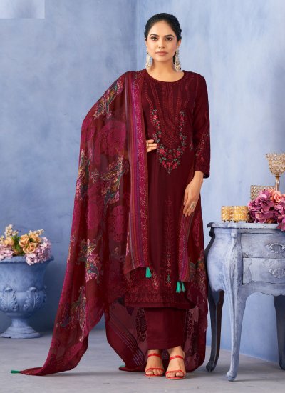 Blissful Viscose Embroidered Maroon Salwar Suit