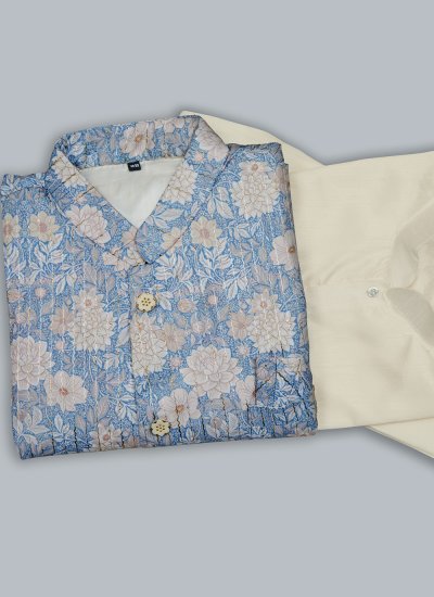 Blue and Off White Silk Kurta Payjama With Jacket