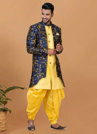 Blue and Yellow Dupion Silk Fancy Indo Western Sherwani