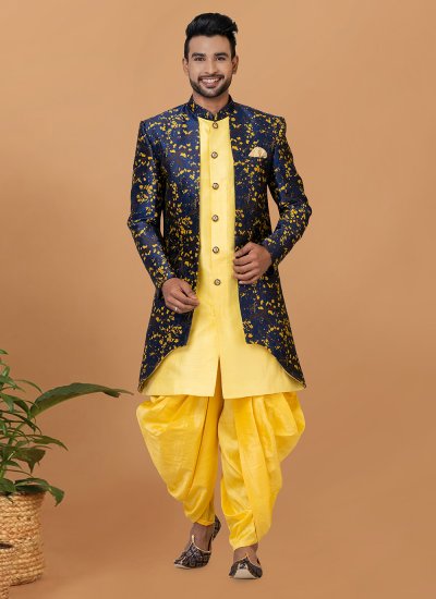 Blue and Yellow Dupion Silk Fancy Indo Western Sherwani
