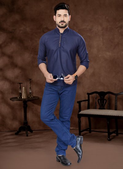 Blue Plain Casual Short Kurta