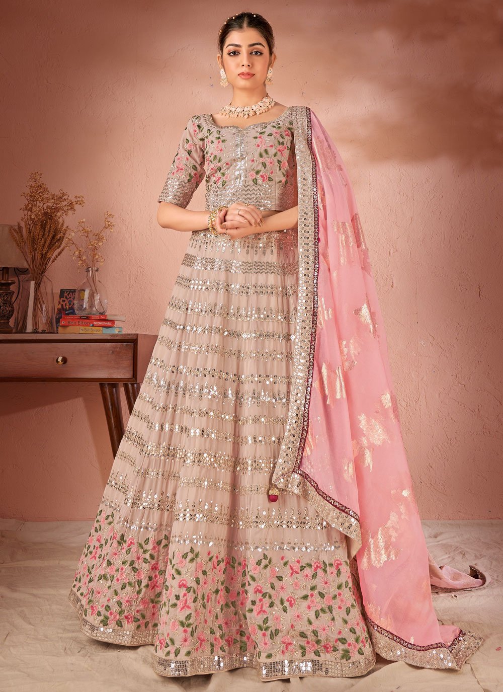 Pretty light pink lehenga for engagement. See more on wedmegood.com  #wedmegood #indianwedding #indianbr… | Bride, Indian bridal lehenga, Indian  bridal lehenga peach