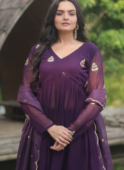 Brilliant Purple Embroidered Faux Georgette Salwar Kameez