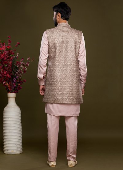 Brown and Pink Art Banarasi Silk Digital Print Kurta Payjama With Jacket