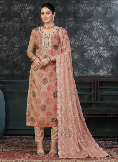Brown Embroidered Organza Pant Style Suit