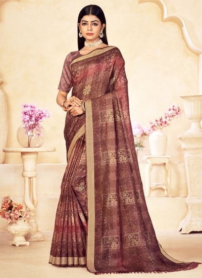 Brown Printed Linen Trendy Saree