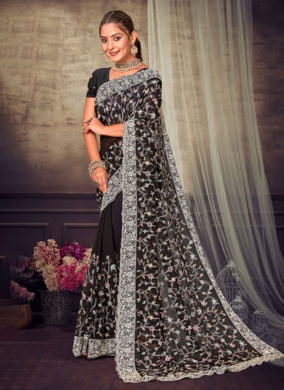 Capricious Black Embroidered Georgette Trendy Saree