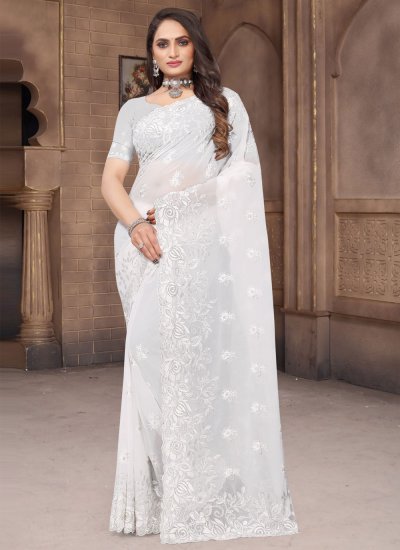 Captivating Embroidered White Georgette Classic Saree