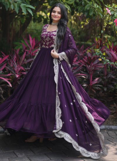 Catchy Viscose Embroidered Wine Designer Gown