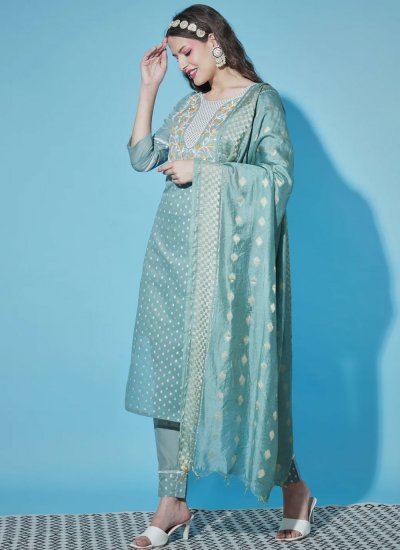 Chanderi Aqua Blue Embroidered Trendy Suit