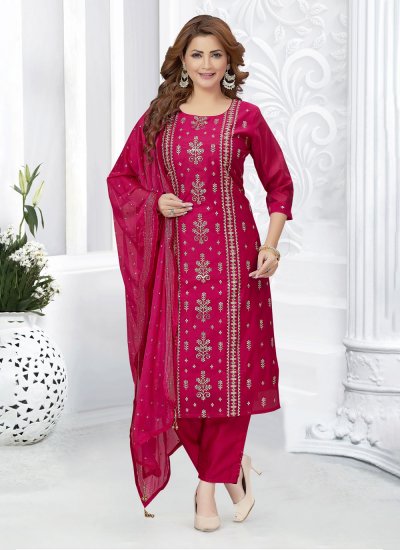 Chanderi Silk Rani Embroidered Pant Style Suit
