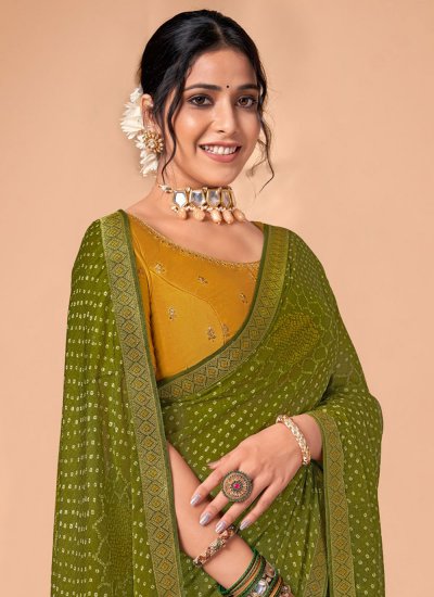 Chiffon Printed Green Trendy Saree