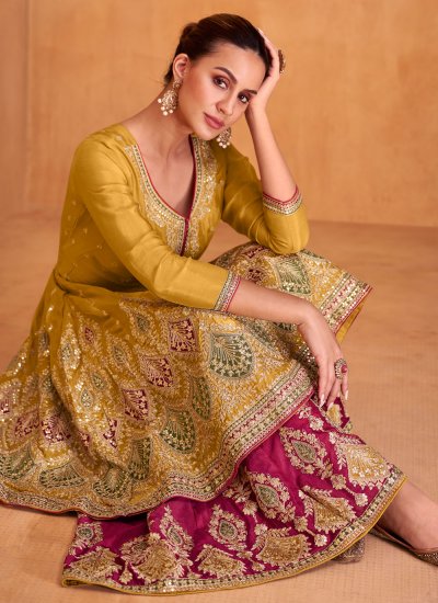Chinon Mustard Embroidered Readymade Salwar Suit