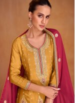 Chinon Mustard Embroidered Readymade Salwar Suit